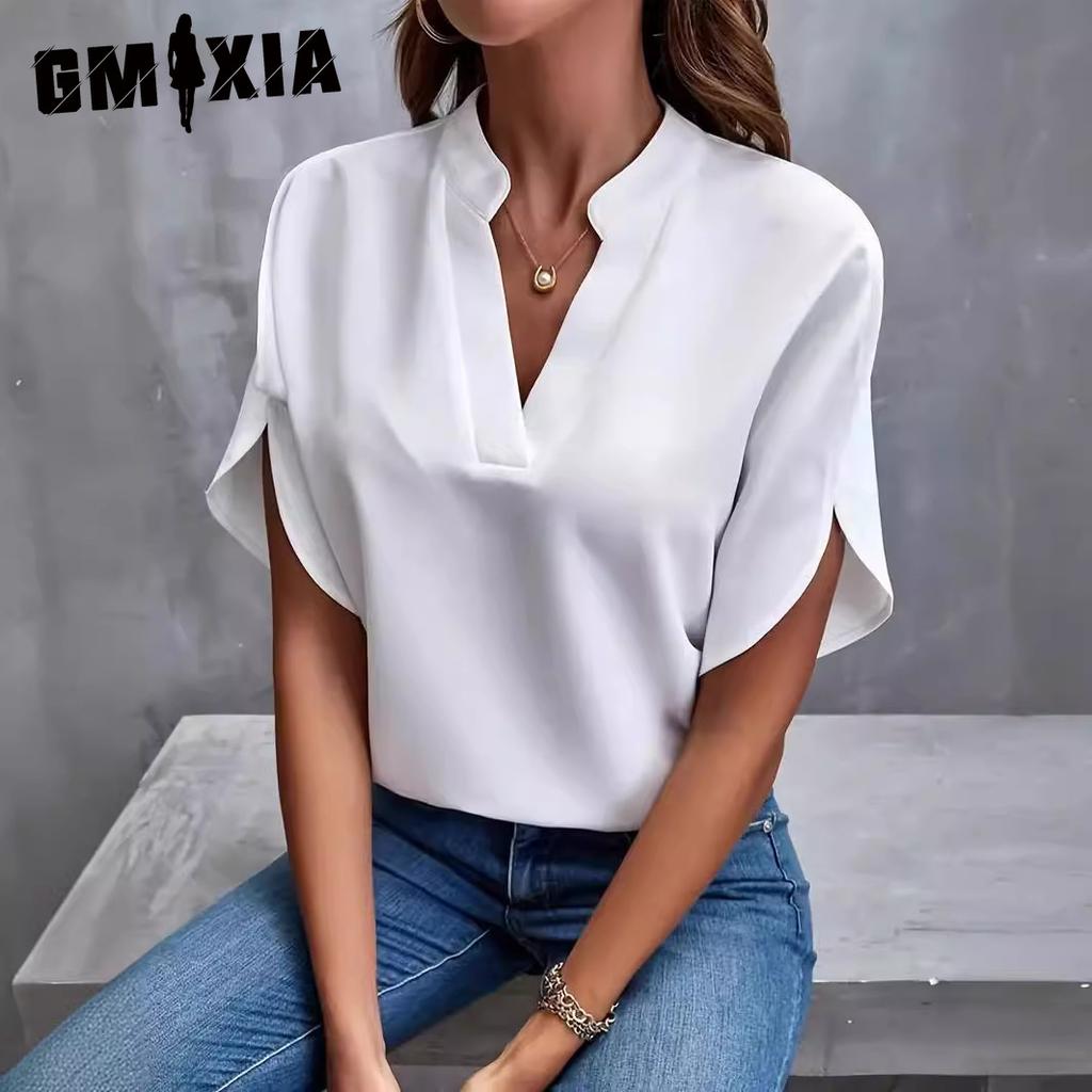 GMXIA Женские модные повседневные однотонные блузки и рубашки с v-образным вырезом и коротким рукавом с принтом