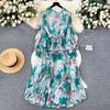 New Autumn Elegant O-neck Print Patchwork Folds Ruffles Full Sleeve High Waist Women Dress