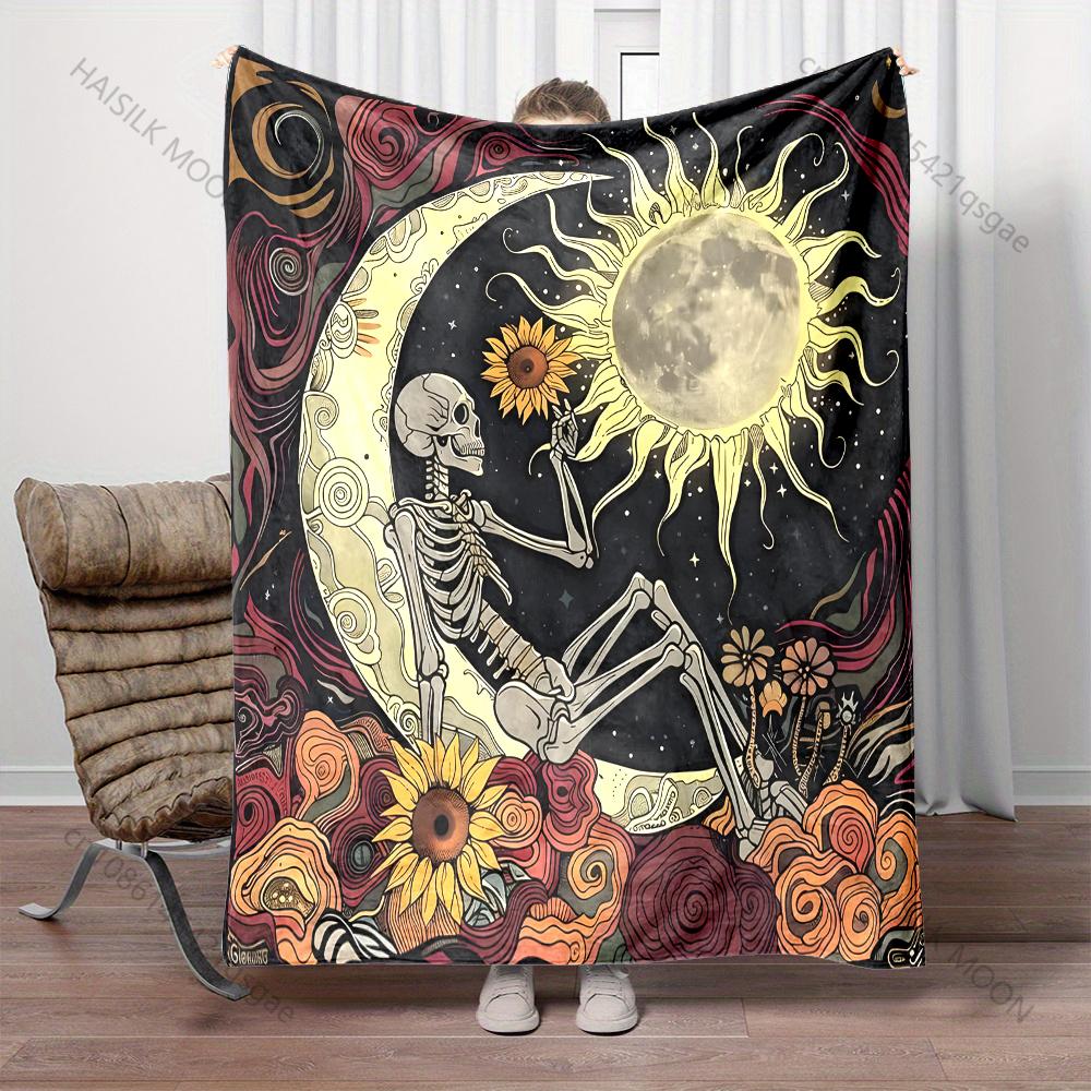 Skull Moon Sun Art Print Blanket Warm Soft Fluffy Kids Adult Luxury Gifts for Sofa Bed Home Outdoor Travel Camping Blanket