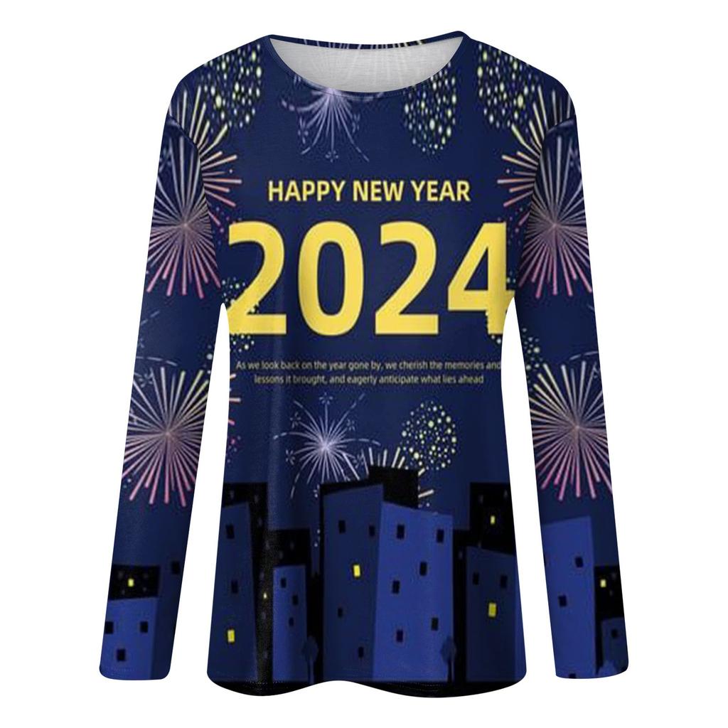 Женская осенне-зимняя футболка с круглым вырезом и длинными рукавами, топ с принтом на Новый год 2024