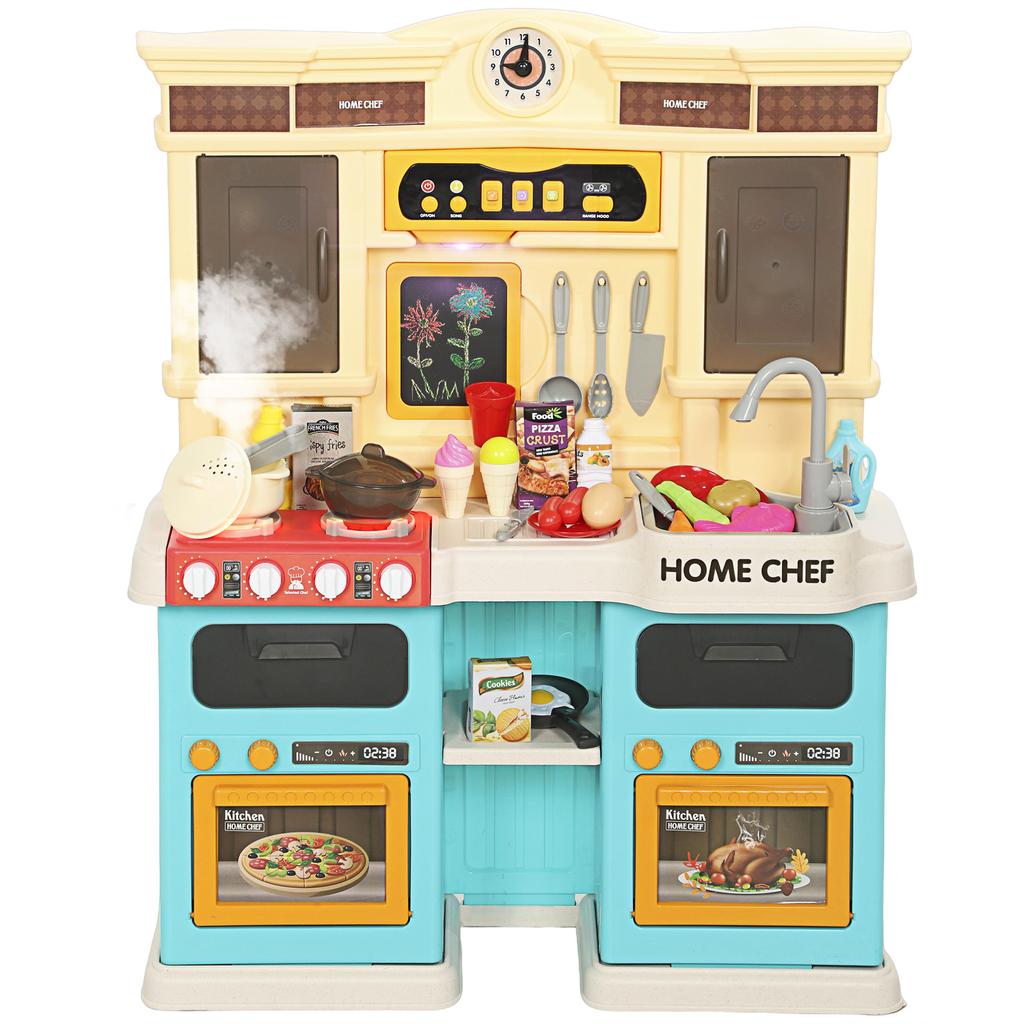 Play Kitchen with Flowing Water, 85-Piece Accessories, Electric Faucet, Lights, Sounds, for Children 3-6 Years, Plastic, Green