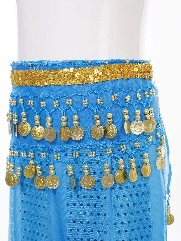 Kids Girls Belly Dance Performance Pants Sequined Dots Chiffon Trousers Bloomers with Tassels Waist Chain Hip Scarf