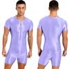 Мужской цельный купальник с коротким рукавом, комбинезон на молнии, глянцевый эластичный спортивный костюм для фитнеса с круглым вырезом