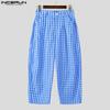 INCERUN Men Casual Loose Zip-up Waist Plaid Nonelastic Wide Legs Pants Long Trousers