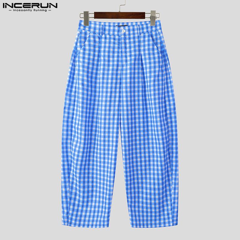 INCERUN Men Casual Loose Zip-up Waist Plaid Nonelastic Wide Legs Pants Long Trousers