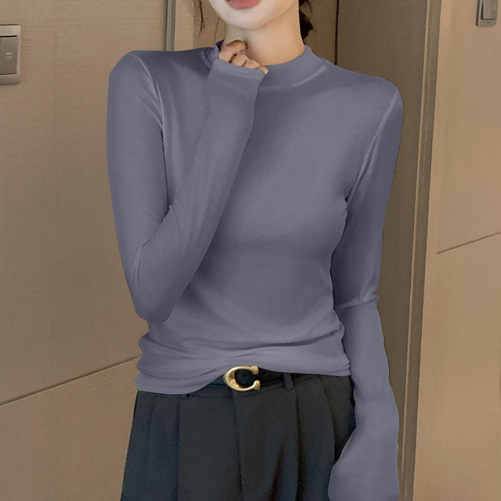 Женская однотонная однотонная футболка с полувысоким воротом и длинным рукавом