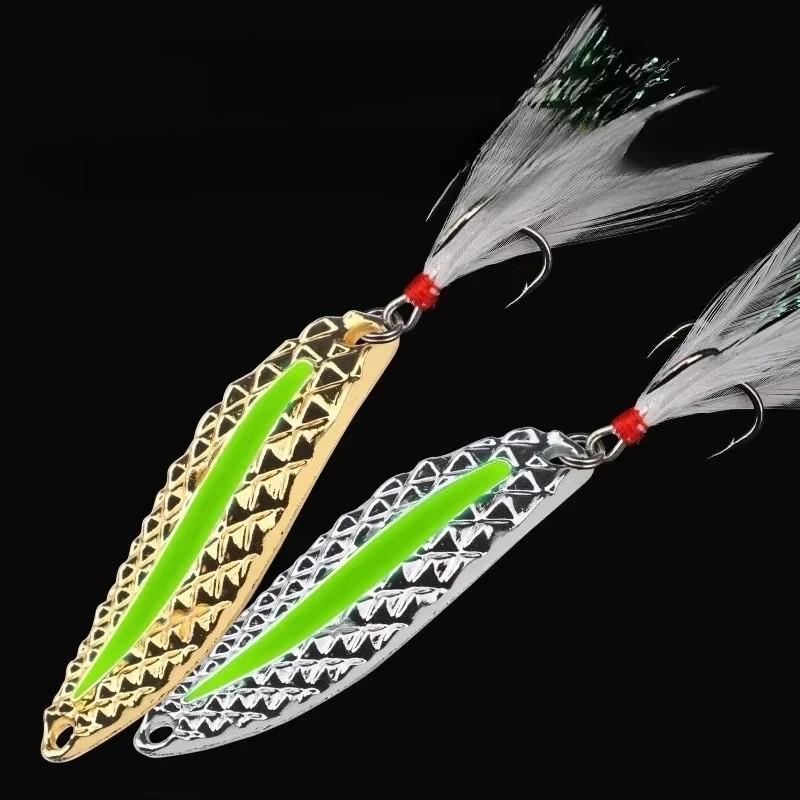 1-5PC Metal Luminous Spinner Spoon Fishing Lures 3/7/15/20g Night Tackle Sequins Bait Noise Paillette with Feather Treble Hook