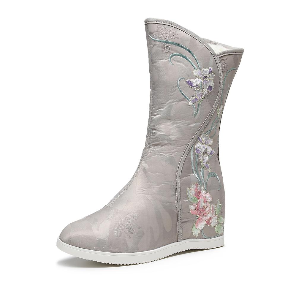 Женские сапоги с этнической вышивкой, обувь ханьфу, зимние высокие женские сапоги, теплые туфли с вышивкой в виде пионов, женская тканевая обувь