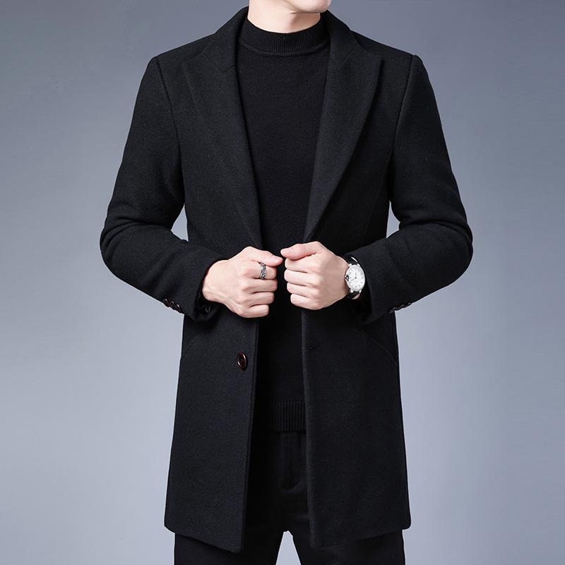 Men's 2025 Mid-Length Slim Wool Trench Coat - Stylish, Solid Color Lapel Overcoat