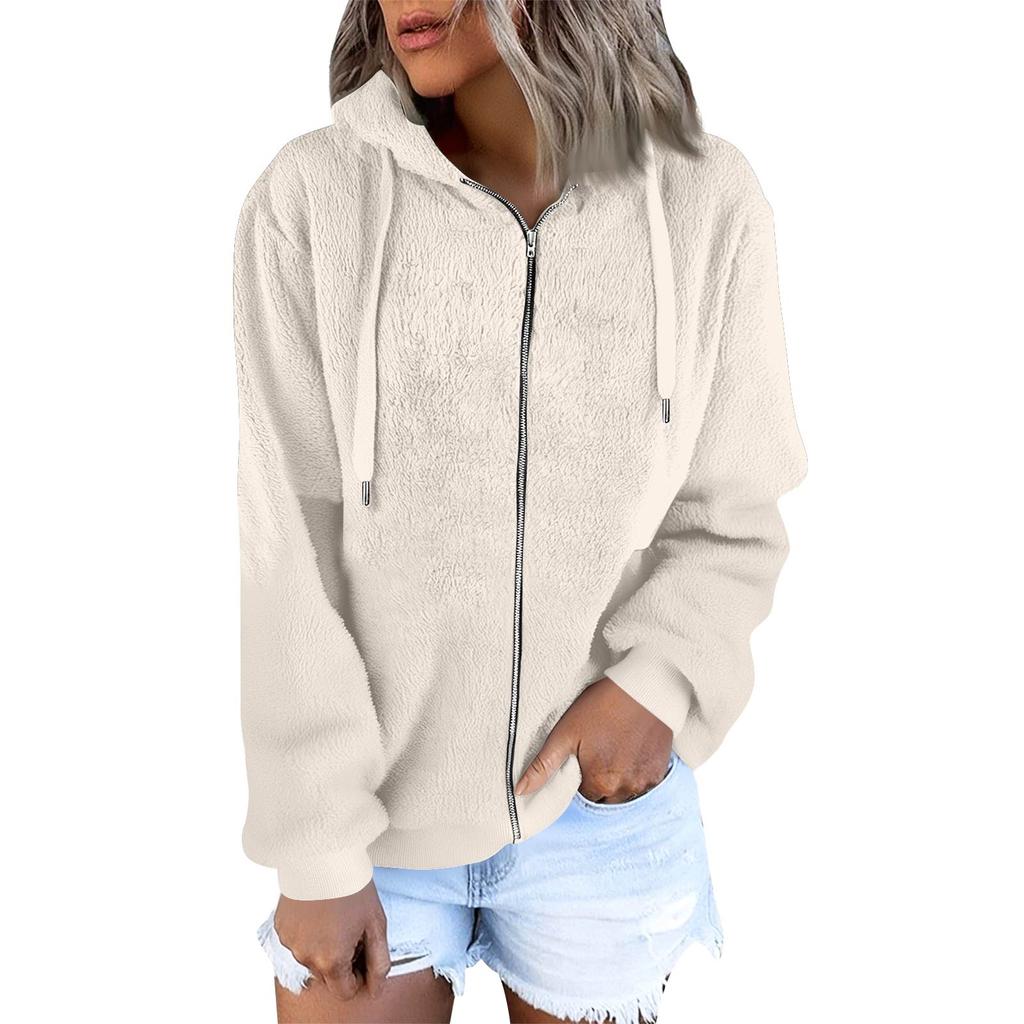 Women's Fashionable Warm Fleece Solid Color Hoodie Zipper Pocket Casual Jacket