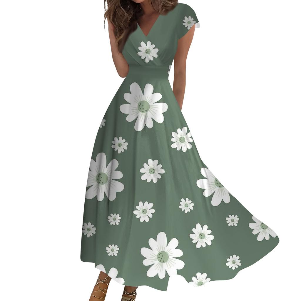Женское длинное повседневное платье. Летнее платье с короткими рукавами и v-образным вырезом на талии с принтом.