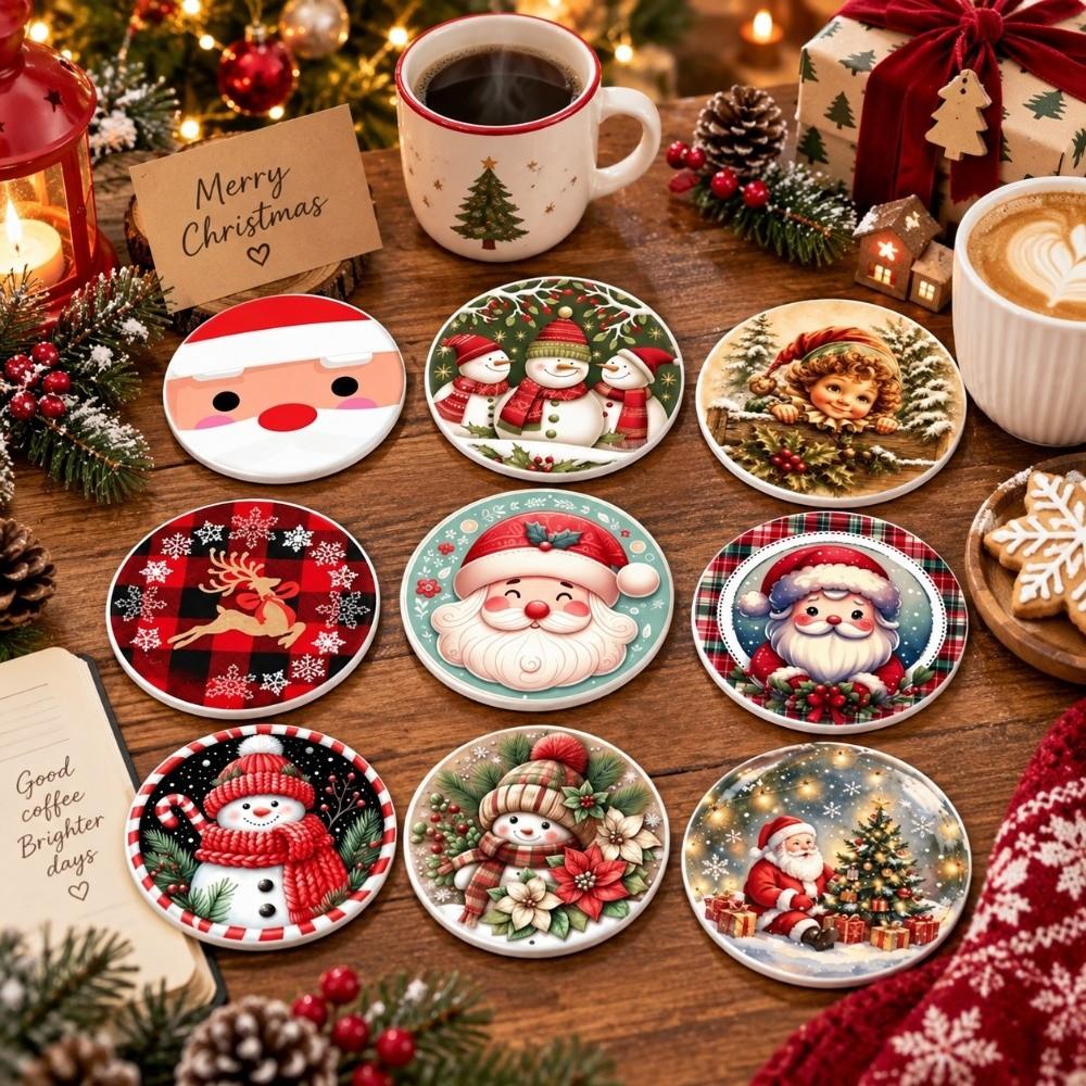 Heat-Resistant Christmas Santa Coasters Non-Slip Insulation Pad Coffee Cup Mat Family Gathering