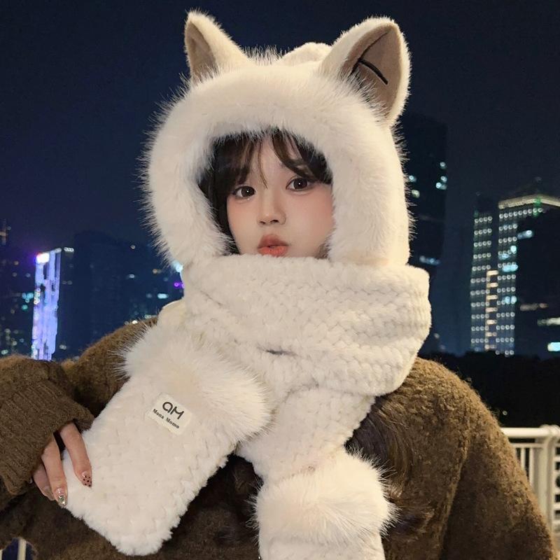 Cute Firefox Hairy Hat Scarf Gloves Integrated Women's Winter Warm Cold Ear Protection Riding