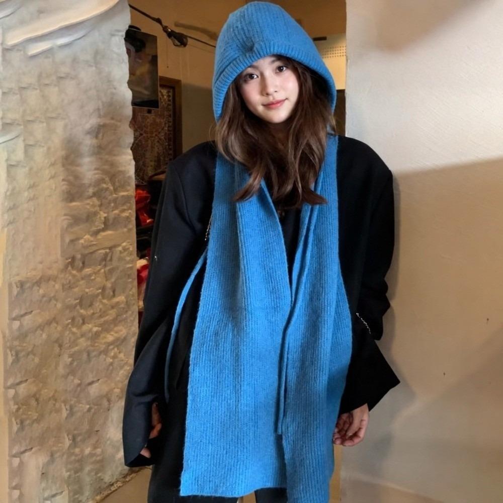 Korean Style Winter Balaclava Hat Solid Color Integrated Neck Warmer Hood Scarf Combo Daily Casual