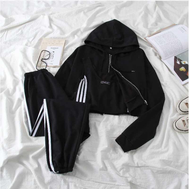 3PCS Casual Sports Suit Spring Summer Hooded Sweater Jacket Vest Jogging Sweatpants Women Three-piece Suit Athletic Girl