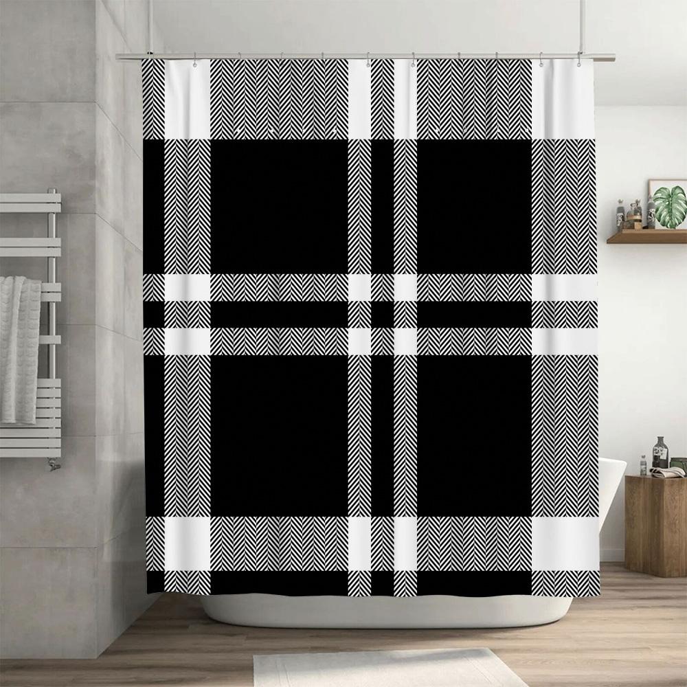 Classic Plaid Shower Curtain Set: Waterproof Fabric Bath Rug Decor in Black White 3D Printed Waterproof Home Linen Accessories (