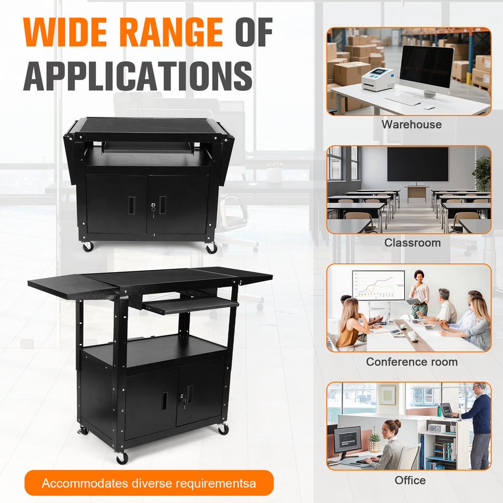 Новая большая AV-тележка с запирающимся шкафом, передвижная медиа-тележка с выдвижной полкой для клавиатуры и системой организации кабелей для офисного компьютера, ноутбука