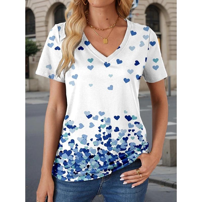 Summer V-neck 3D Love Pattern Printed Top Fashionable Casual Short Sleeved Women's T-shirts