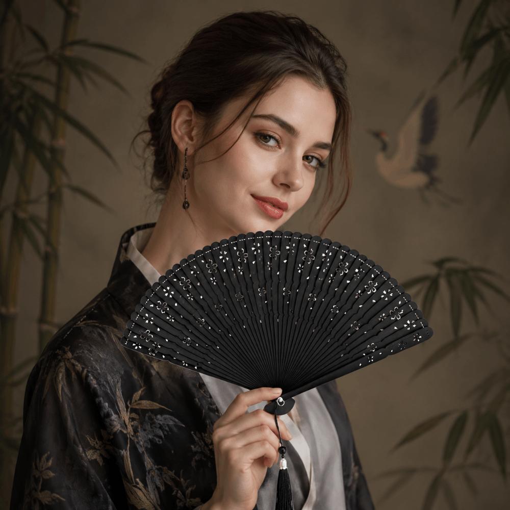Portable Folding Bamboo Fan Solid Color Elegant Handheld Fans Tassel Folding Fan Home Decoration