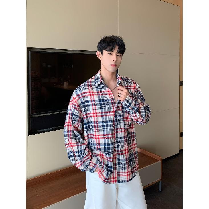 2024 Клетчатая рубашка с длинным рукавом в японском стиле Гонконга Ins Свободная рубашка для мальчиков Летнее модное универсальное повседневное пальто