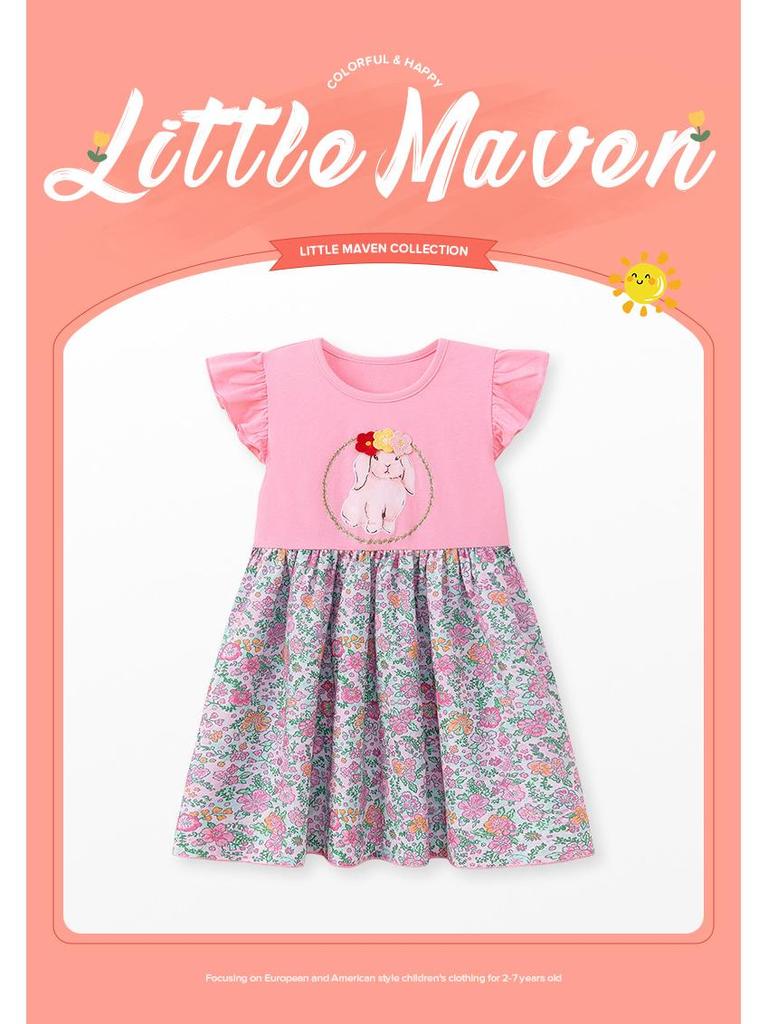 Детское летнее платье Little Maven с цветочным мультяшным принтом - Короткий рукав, Дышащая детская юбка