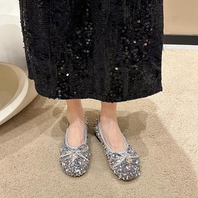 Обувь для женщин 2024 года, модные базовые женские туфли на плоской подошве, повседневные туфли на плоской подошве для женщин с блестящим бантом и круглым носком, туфли на низком каблуке для женщин