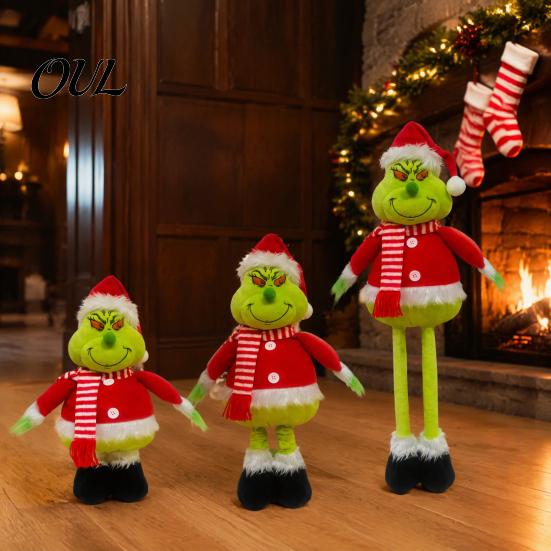Fireplace Shelf Sitter Green Elf Christmas Plush Toy, Soft Stuffed Animal Doll with Toy Retractable Long Leg for Holiday Home Mantel Decor Polyester