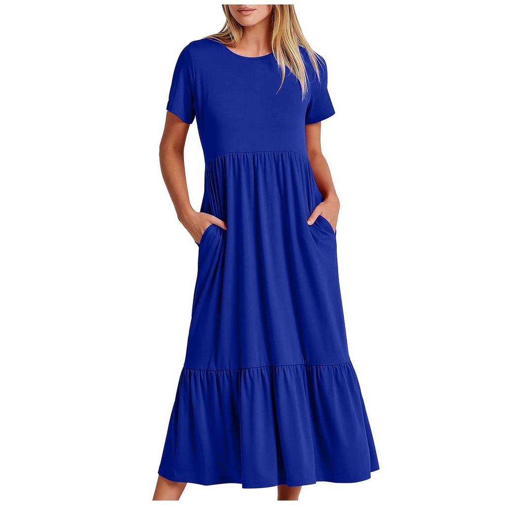 Women's Summer Casual Short Sleeve Crewneck Swing Dress Flowy Tiered Maxi Beach Dress With Pockets