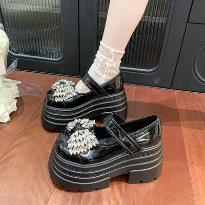 Женские туфли-лодочки на платформе высотой 8 см с бантом и стразами, новинка весны и осени 2025 года, на толстом каблуке-маффине, лоферы Мэри Джейн