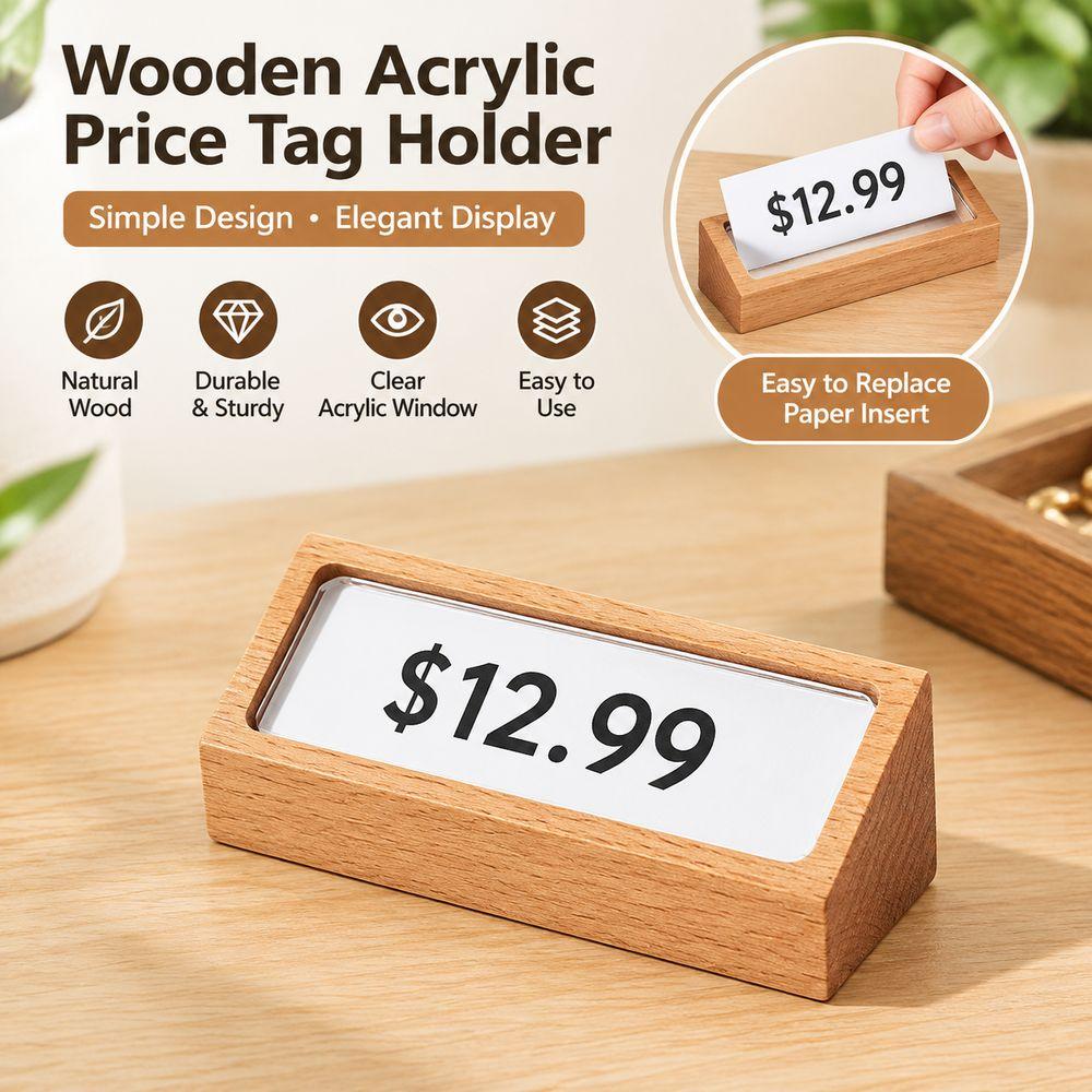 Wooden Base Wooden Price Tag Holder 68x18mm Desk Display Card Holder Price Label Stand Tea Shop