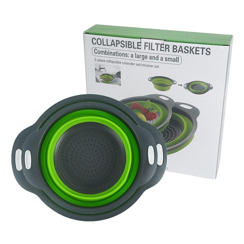 Креативная зеленая силиконовая круглая складная корзина для слива овощей и фруктов, дуршлаг, складной кухонный инструмент