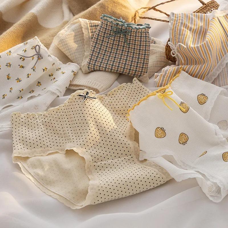Женское хлопковое нижнее белье для девочек, милые цветочные трусы, бесшовные трусы со средней талией, сексуальные кружевные трусики, женское нижнее белье