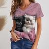 Summer Women's V-neck T-shirt Outdoor Casual Cat Three-dimensional Printing Short-sleeved Women's Clothing