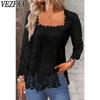 Women's Fashion Casual Spring Fall Solid Color Print Long Sleeve Square Collar Blouses & Shirts