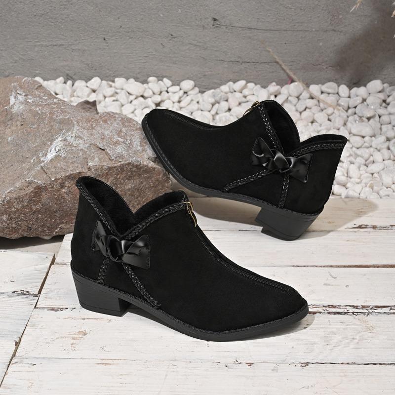 New Winter Chunky Cotton Boots Women's Pointed Suede Butterfly Knot Side Zipper Soft-soled Non-slip Ankle Boots