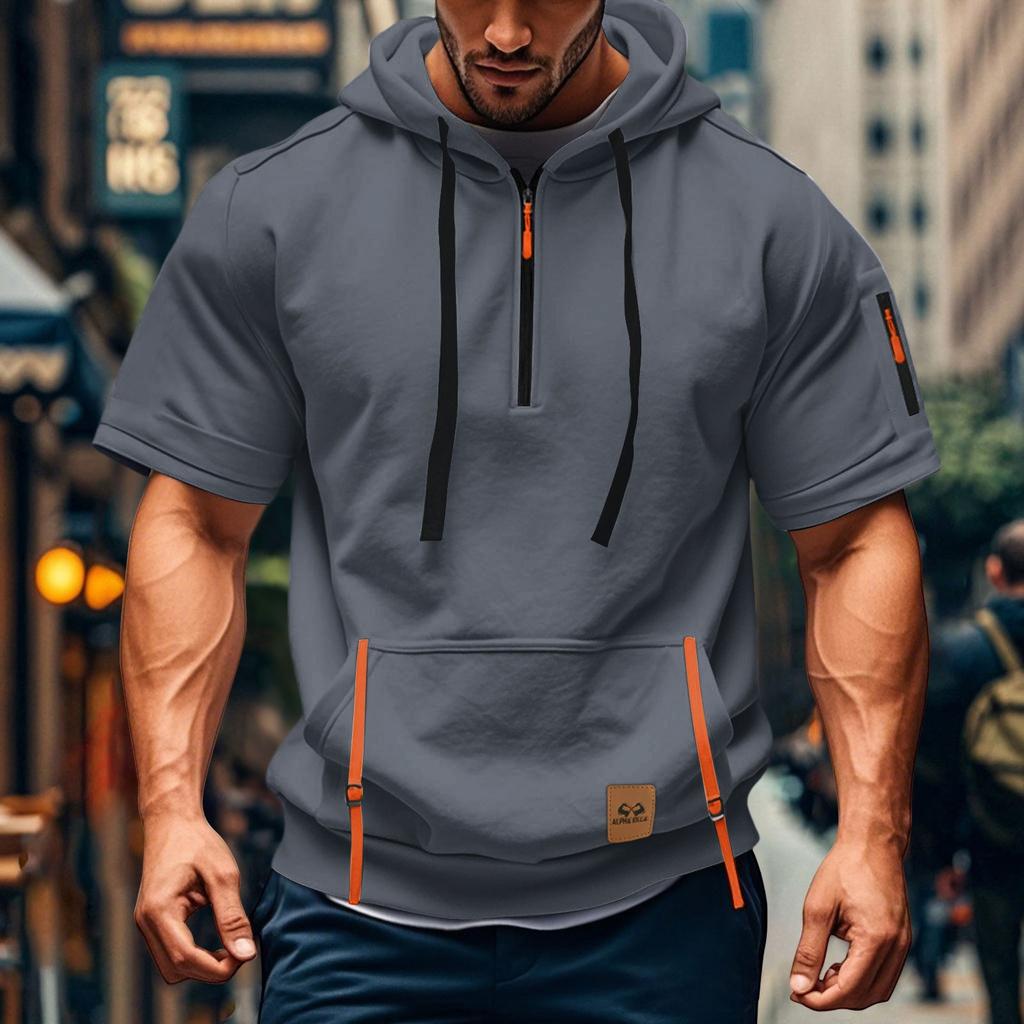 Men's Hoodie Casual Vintage Short Sleeve Workout Sweatshirt With 1/4 Zipper Pullover Active Hoodies