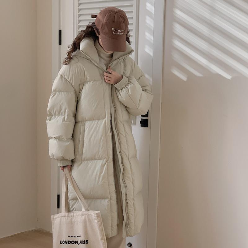 Длинная большая стеганая куртка-пуховик женская зимняя мода 2024 года, однотонное свободное утолщенное белое утиное пуховое пальто длиной до колена