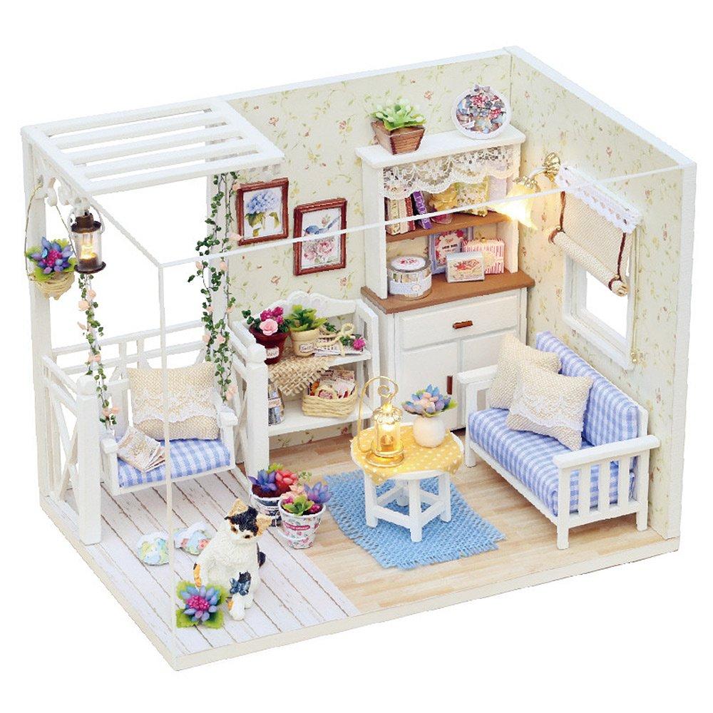 (moin Moin) Dollhouse Miniature Handmade Kit Set Kitten Diary LED Light + Acrylic Case Included