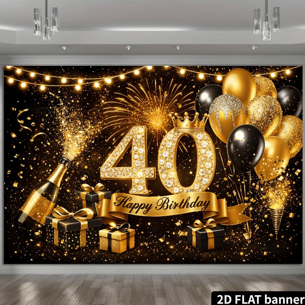2D plane 40th birthday party banner background - black and gold glittering theme, indoor or outdoor birthday celebration