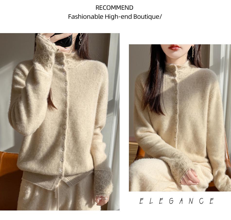 Exquisite Crochet High Neck Velvet Cardigan - Women's Autumn/Winter Warmth, Stylish Loose Fit Sweater Coat