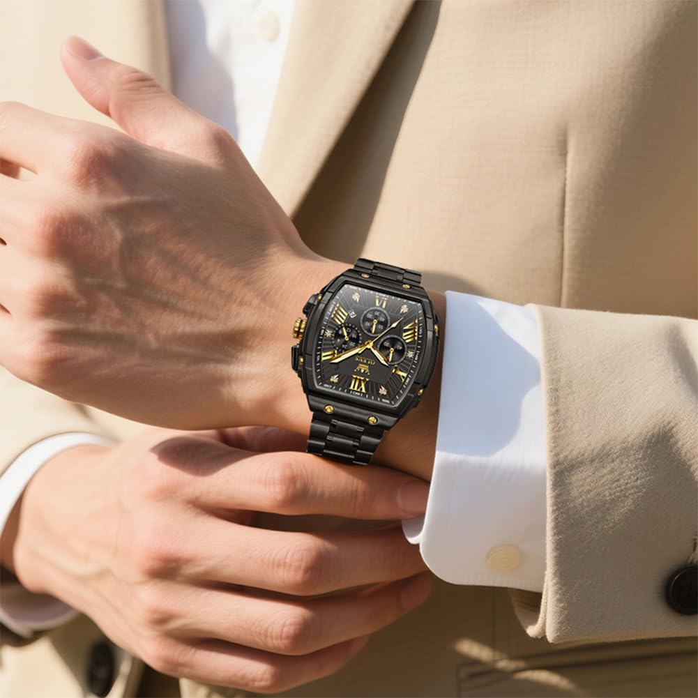 Olevs Men's Watch Black Popular Formal Waterproof Quartz Analog Large Fashion Stainless Steel Work Watch Chronograph Luminous Gift for Men Wristwatch