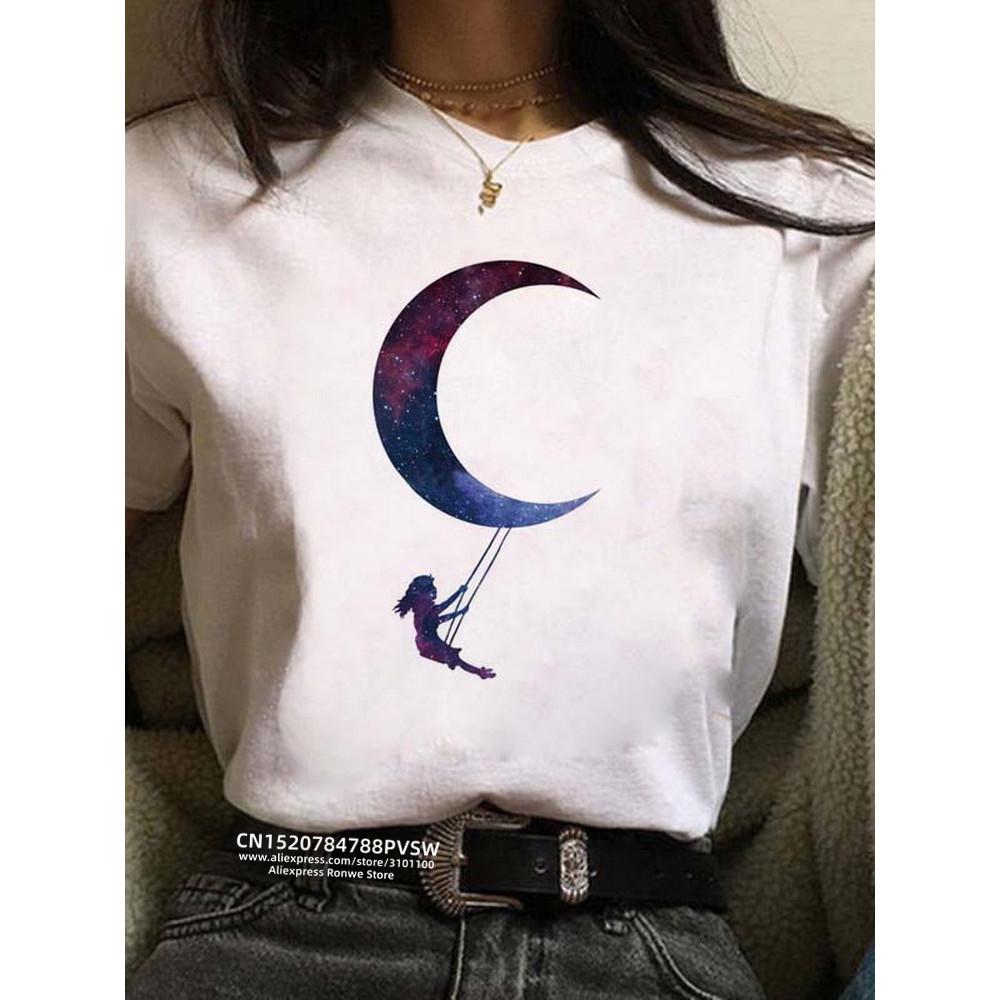 Women Moon Harajuku Funny 90s Girl T Shirt Cartoon Graphic Printed Black Ladies T-shirt Casual Woman Shirt Kawaii Tee Shirt