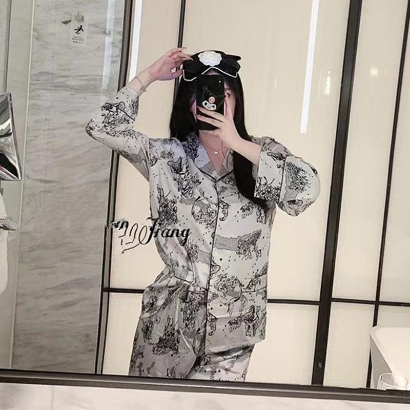 Женская шелковая пижама с цветочным принтом - С длинным рукавом, тонкая и стильная корейская домашняя одежда для весны/осени