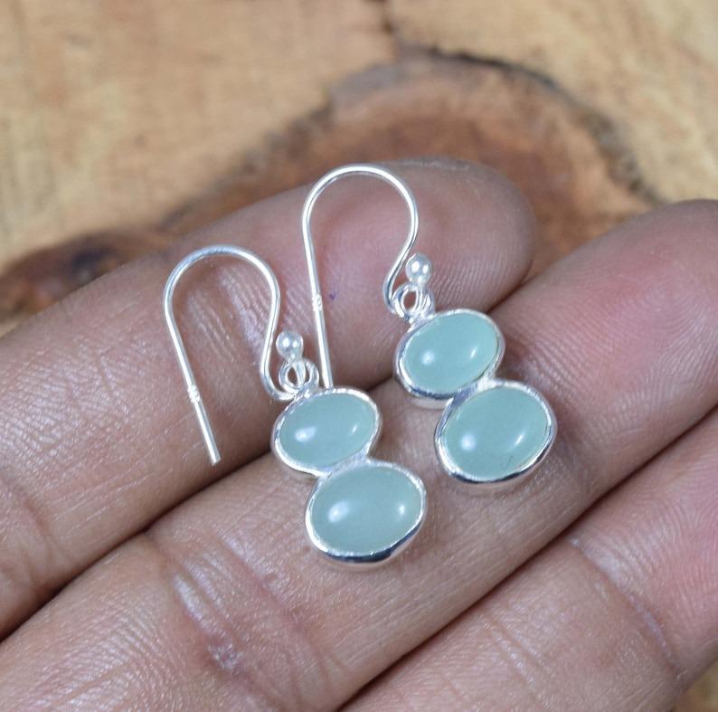Solid 925 Sterling Silver Aqua Chalcedony Gemstone Earrings Handmade Earrings Bezel Earrings Gift For Her