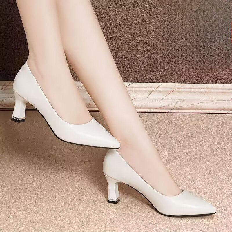 Shallow Mouth Single Shoe Women's Thick Heel Spring Versatile Pointed Professional Women's Shoes Black High Heels