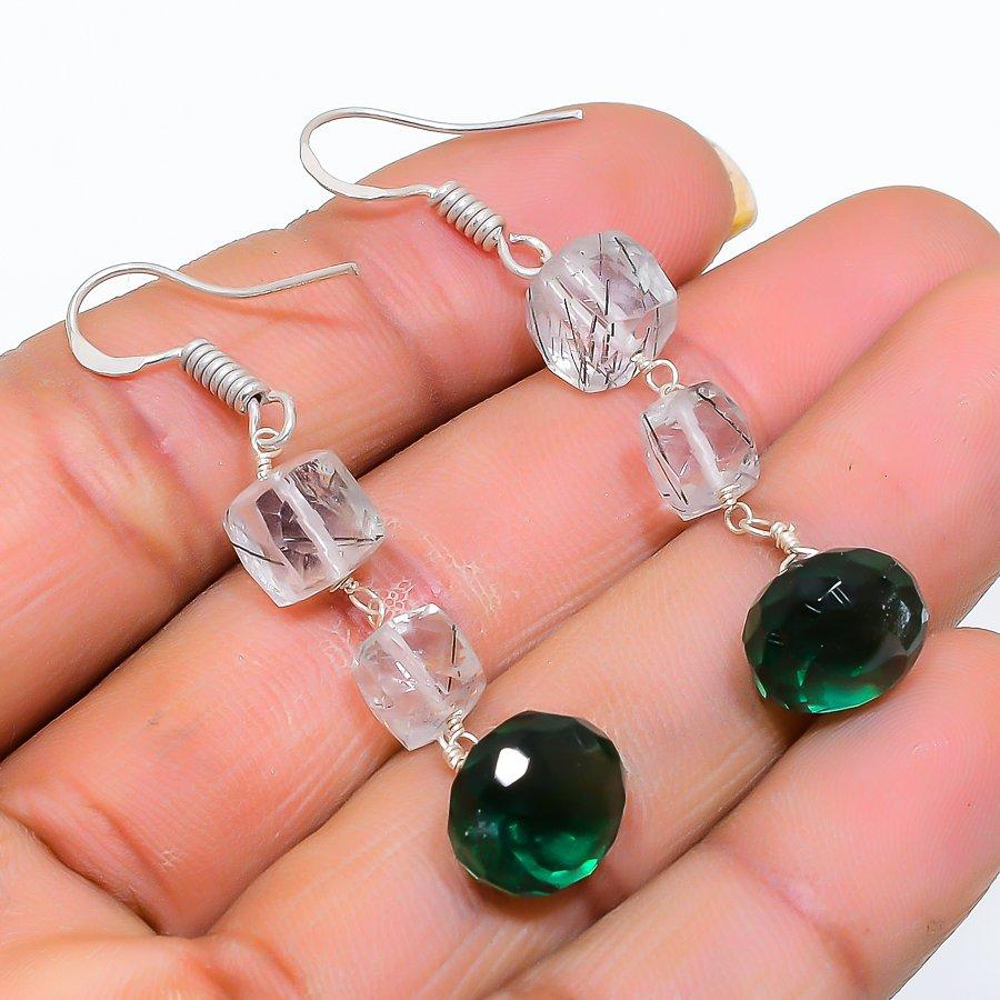 Black Rutile, Diopside Gemstone 925 Sterling Silver Jewelry Earring 2.01" GK-5156