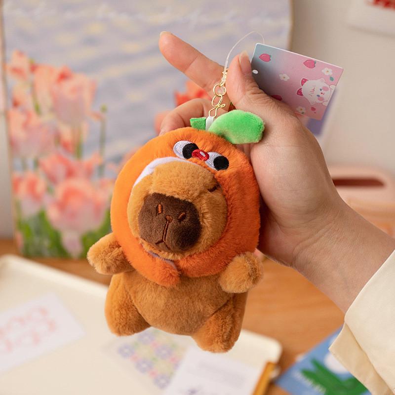 Orange Hat Frog Capybara With Backpack Plush Keychain Toy Decoration Pendant