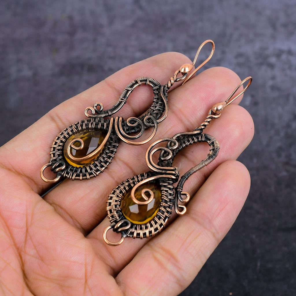 Серьги из натурального цитрина ручной работы из медной проволоки 3,15 дюйма W8b30