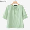 Women Casual Round Neck Loose Short Sleeve Cotton Blouse