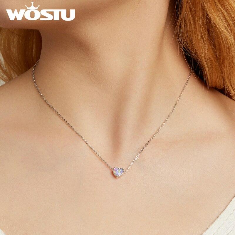 WOSTU Real 925 Sterling Silver Simple Style Shining Opal Heart Pendant Choker Necklace For Women Jewelry Gift